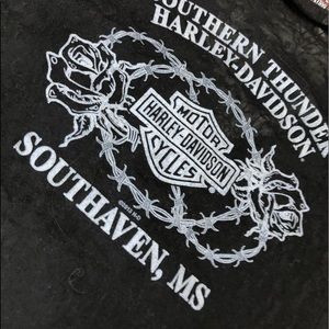 Harley Davidson sheer T-shirt- South Haven Barbwire rose logo gold writing front